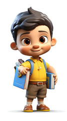 3d cartoon character of little kid with books ready to going school 
