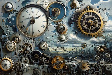 A detailed painting on the wall featuring an array of clocks and intricate gears, symbolizing the passage of time and mechanical intricacies. Generative AI