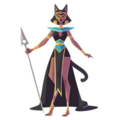 An illustration of Bastet with a woman's body, holding a sharp weapon