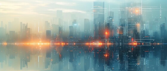 City skyline in cyber nebula with lights as background