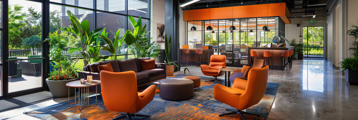 Corporate headquarters - high-tech building to house a large workforce for their business careers. Enterprise building lobby interior