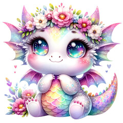 Sparkling Pastel Dragon with Floral Headpiece Illustration
