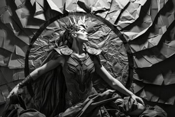 Monochrome portrait of Frigg, the Queen of Asgard in Norse mythology with armor, fantasy elements, and an elegant crown - obrazy, fototapety, plakaty