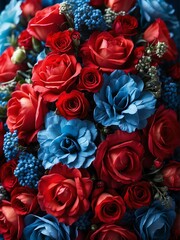 Red and blue bouquet of flowers detailed texture background for wedding, debut or any occassion like graduation or prom from Generative AI