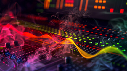 The sound wave on the audio equipment control, entertainment concept for sounds and music editing, smoke wave on the top of mixing sounds control panel, 
