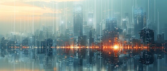 City skyline in cyber nebula with lights as background