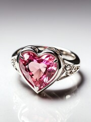 Shiny heart shaped pink gemstome on a silver ring on plain white background from Generative AI