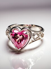 Shiny heart shaped pink gemstome on a silver ring on plain white background from Generative AI