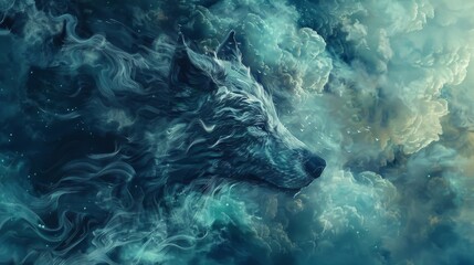 Fenrir Viking Wolf God in a surreal ethereal cloudscape embodies Norse mythology and art - obrazy, fototapety, plakaty