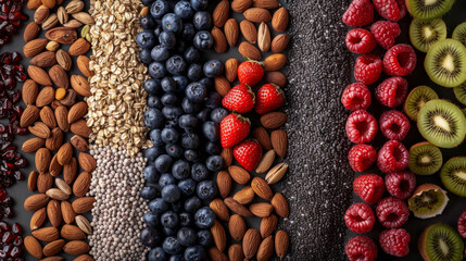 Assorted healthy snacks arranged in vertical stripes on a dark surface, featuring fresh berries, nuts, seeds, and grains. The composition showcases a variety of textures and colors. - obrazy, fototapety, plakaty