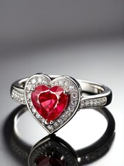 Shiny heart shaped ruby gemstome on a silver ring on plain white background from Generative AI