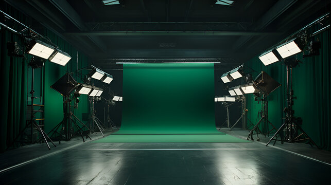 Green screen background realistic shooting location, Shooting studio with professional equipment and green screen, Modern empty green photo studio with old style movie camera, Generative Ai