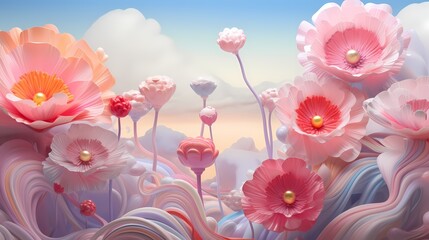 A whimsical 3D depiction of oversized, fantasy-inspired flowers growing against a backdrop of swirling pastel-colored clouds.