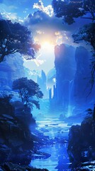 Fantasy landscape where blue technology merges with magic creating a realm of endless possibilities