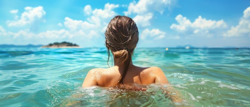 Close-up of a beautiful woman tourist above the sea surface swimming in the open ocean. Young woman looking forward into sea. Generative ai