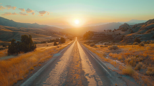 A scenic route with a sun setting over a mountainous horizon casting warm hues over a cracked asphalt road surrounded by dry grassland and rolling hills, showcasing a serene, rustic landscape.