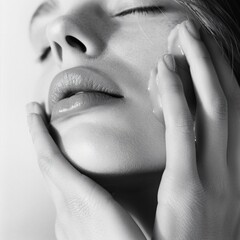 Moment of tranquility woman with eyes closed applying face cream set against a stark white backdrop