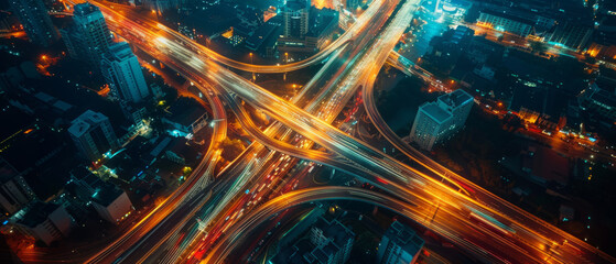 Aerial view of a bustling city at night, showcasing a complex network of intersecting highways - obrazy, fototapety, plakaty