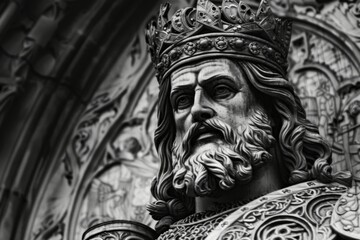 Charlemagne Frankish King sculpture in black-and-white reflects historical medieval royalty and beard