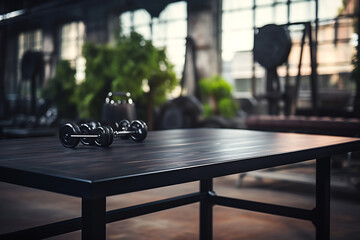 Dumbbells and laptop on wooden table in modern office with city view - obrazy, fototapety, plakaty
