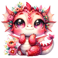 Cute Red Dragon with Floral Decorations Illustration
