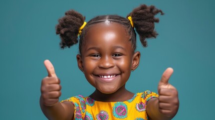 A photo showing a joyful young girl giving a thumbs-up gesture with a bright smile