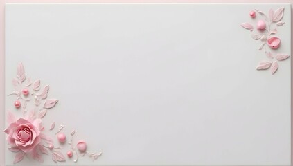 A white blank surface, 2 small pink embellishments decorate the upper corner of the surface, view from above, minimal, space for text, hyperealistic