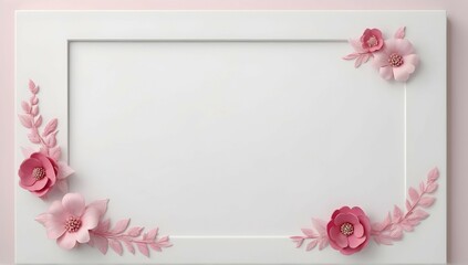 A white blank surface, 2 small pink embellishments decorate the upper corner of the surface, view from above, minimal, space for text, hyperealistic
