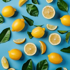 A flat lay showcasing a vibrant blue background adorned with a fresh lemon pattern