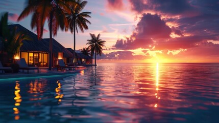 Luxurious beach resort featuring bungalows near an infinity pool overlooking the sea at sunset - obrazy, fototapety, plakaty