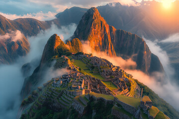Machu Picchu Inca ancient civilization ruins in Peru, aerial view scenic picturesque - obrazy, fototapety, plakaty