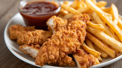A mouthwatering plate of crispy chicken tenders served with a side of tangy barbecue sauce and golden fries.