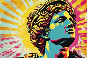 Apollo God of Sun depicted in Pop Art style with Vibrant Mythological Greek Radiance