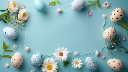 Fototapeta na wymiar Easter-themed Arrangement. Easter eggs, flowers, and blank paper on a pastel blue background