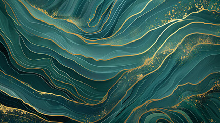 Abstract background with mixed liquid green teal paint waves and golden lines. Modern fluid art painting. Marbled oriental backdrop. kintsugi inspired wallpaper.