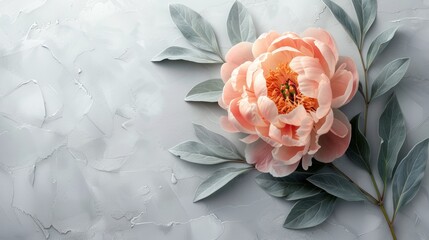 Light gray backdrop decorated with pink peonies. Bright orange creates an elegant and eye-catching contrast.