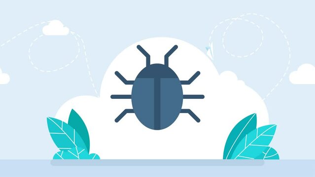 Bug, beetle. Find errors, software testing. Beetle appears in the center of the screen. Computer virus. Blue beetle on white background. Flat design style. Cartoon minimal style. 2d bright animation