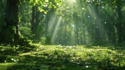 Sunlight filters through a canopy of emerald leaves, dappling the forest floor in a mosaic of light and shadow.