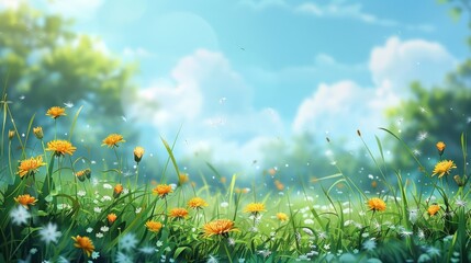 A charming meadow filled with vibrant green grass and yellow dandelion flowers