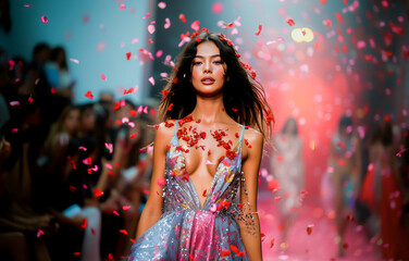 A fashion model gracefully walks the runway amidst a flurry of confetti, showcasing a glittering designer dress at a high-fashion event.