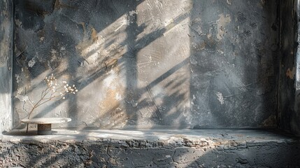 Basic backdrop for showcasing a product. a natural sunshade shadow on a dark plaster wall