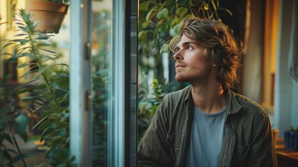 Thoughtful young man standing by glass door at home