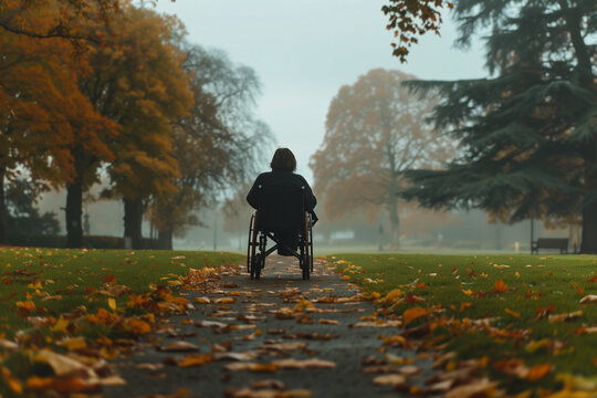 rear view of person sitting in wheelchair alone in a park