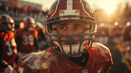 Close-up of a focused American football player wearing a helmet, donning a red jersey dirtied from play, with teammates and sun flare in the background. - obrazy, fototapety, plakaty