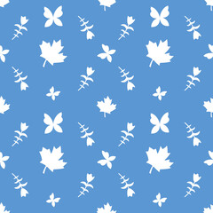 Butterfly pattern. Seamless pattern with maple leaf, butterfly and flower on a blue background. Pattern for printing (JPG Preview)