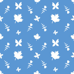 Fototapeta premium Butterfly pattern. Seamless pattern with maple leaf, butterfly and flower on a blue background. Pattern for printing (JPG Preview)