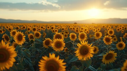 Obraz premium Scenic view of expansive agricultural field filled with vibrant yellow sunflowers in a summer