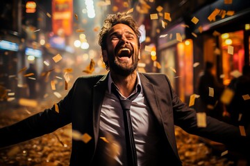 Fototapeta premium Joyful man laughing with confetti around him at a vibrant night celebration in the city.
