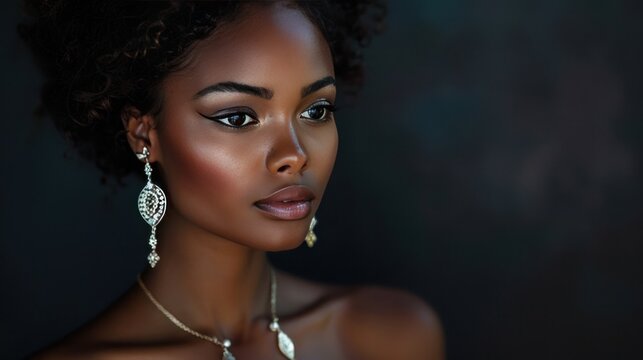 A stunning woman wearing elegant jewelry in a dark setting