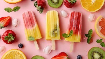 Fruity popsicle ice cream on a pastel background, presented in a flat lay design